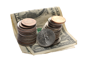 Dollars metal, cash money, coin and dollar bill isolated on white, side view