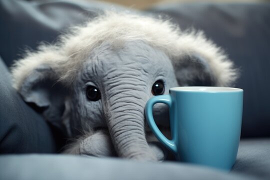 A stuffed elephant is pictured holding a coffee cup. This image can be used to depict a cute and whimsical scene or to represent a love for coffee and animals