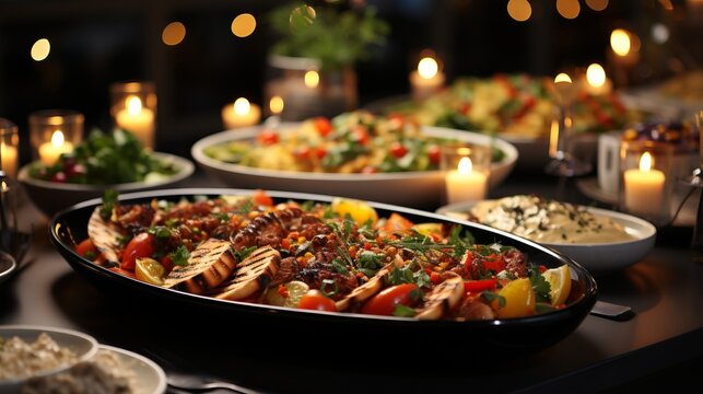 Christmas dinner table full of dishes with food and snacks. There is festive decor in the background. The table is decorated with fir branches and garland lights. feast for guests