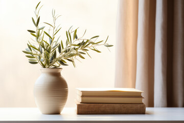 Elegant Mediterranean home design. Textured vase with olive tree branches. Generative Ai