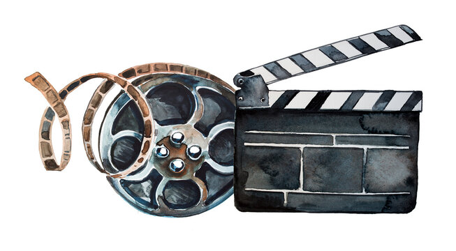 Movie night sign, clapper board and filmstrip. Watercolor hand painted cinema concept illustration. Enterteinment themed design. 