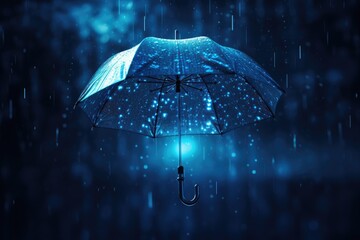 A picture of a blue umbrella in the rain. This image can be used to depict protection from the rain or to create a rainy day atmosphere - obrazy, fototapety, plakaty
