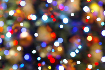Colorful bokeh garland lights and Christmas tree toys defocused abstract blurred background. Holiday Xmas and New Year illumination decoration concept. Greeting card with copy space.