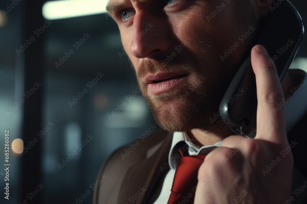 Poster a close-up image of a person engaged in a phone conversation. this versatile image can be used to de