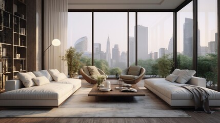 Urban apartment with floor to ceiling windows for modern furniture mockup  AI generated illustration