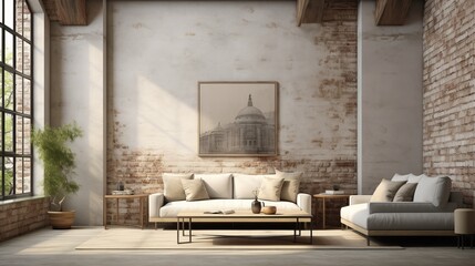 Urban loft space with exposed brick wall for wall art mockup  AI generated illustration