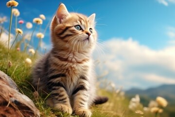 A small kitten sits atop a lush green hillside. This adorable image can be used to depict cuteness, nature, animals, or tranquility