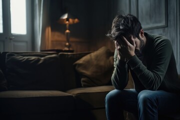 Fototapeta na wymiar A man is seen sitting on a couch, with his head in his hands. This image can be used to depict stress, frustration, or feeling overwhelmed