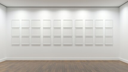 Fototapeta premium White gallery walls with evenly spaced empty picture frames awaiting artwork AI generated illustration