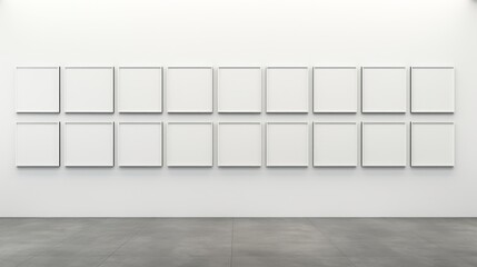 White gallery walls with evenly spaced empty picture frames awaiting artwork AI generated illustration