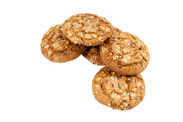 oatmeal cookies stacked on top of each other on an isolated white background