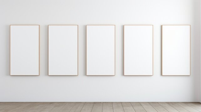 White gallery walls with evenly spaced empty picture frames awaiting artwork  AI generated illustration