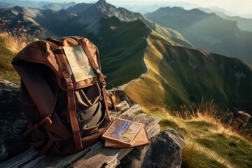 A backpack placed on top of a wooden bench. This versatile image can be used to represent travel, adventure, outdoor activities, or a student's life. - obrazy, fototapety, plakaty