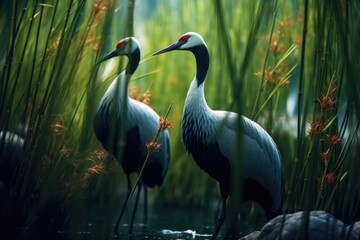 Naklejka premium Two large birds standing next to each other in tall grass. Suitable for nature and wildlife themes.
