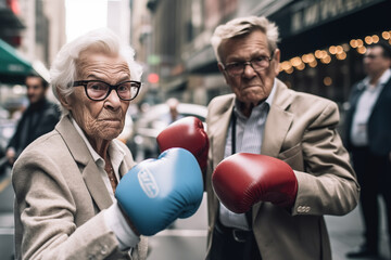 Pensioners boxing on street in USA. Grandmother boxing with grandfather. Grandma in boxing gloves in fight with broker at Wall Street. Granny boxing with a businessman. Old woman fight with old man. - obrazy, fototapety, plakaty