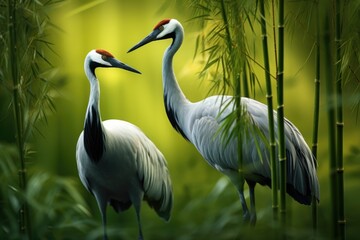 Fototapeta premium Two birds standing next to each other in a forest. Suitable for nature and wildlife themes.