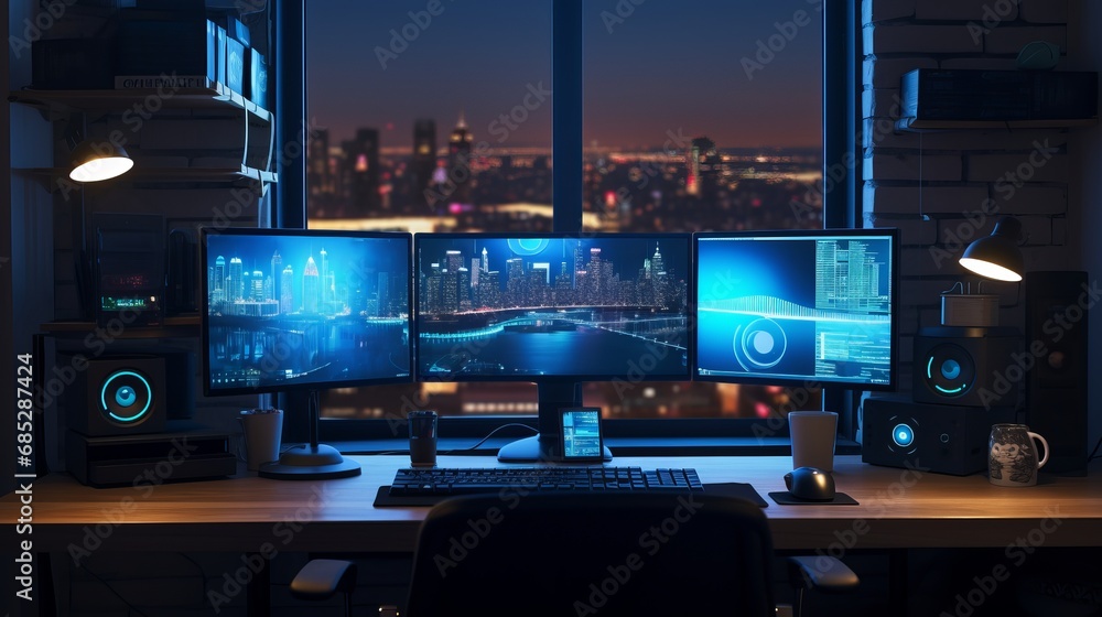 Poster detail of a programmers workspace with dual computer monitors ai generated illustration