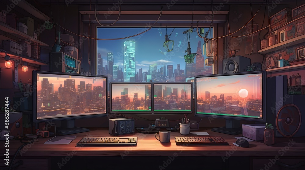 Poster detail of a programmers workspace with dual computer monitors ai generated illustration
