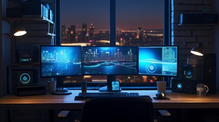 Detail of a programmers workspace with dual computer monitors  AI generated illustration