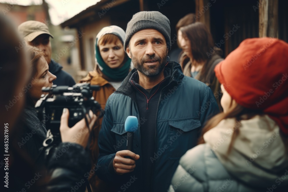 Poster a man is using a microphone to address a group of people. this image can be used to illustrate publi
