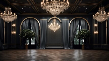 Elegant ballroom with large chandelier for event decor mockup  AI generated illustration - obrazy, fototapety, plakaty