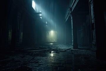 A picture of a mysterious and eerie dark alley with a bright light shining at the end. This image can be used to depict hope, mystery, or a metaphorical journey towards a goal. - obrazy, fototapety, plakaty