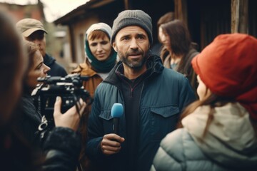 Fototapeta premium A man is using a microphone to address a group of people. This image can be used to illustrate public speaking, presentations, or group discussions.