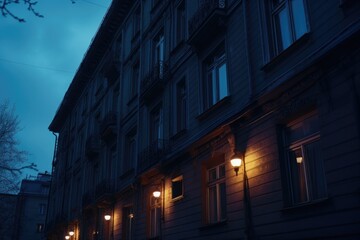 A picture of a building lit up at night with the warm glow of street lights. Perfect for adding a touch of urban ambiance to any project.