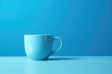 A simple image of a blue coffee cup sitting on top of a table. This picture can be used to represent a morning routine, coffee breaks, or cozy cafes.