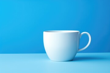A white coffee cup sitting on a blue surface. Perfect for coffee shop promotions or showcasing a morning routine.
