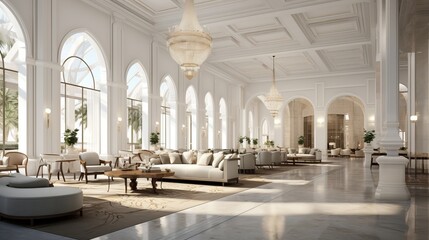 Elegant hotel lobby with high ceiling for lighting fixtures mockup  AI generated illustration - obrazy, fototapety, plakaty