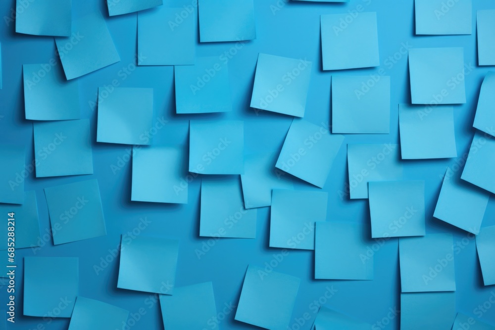Poster a collection of blue post it notes arranged on a wall. useful for organizing tasks and ideas in an o