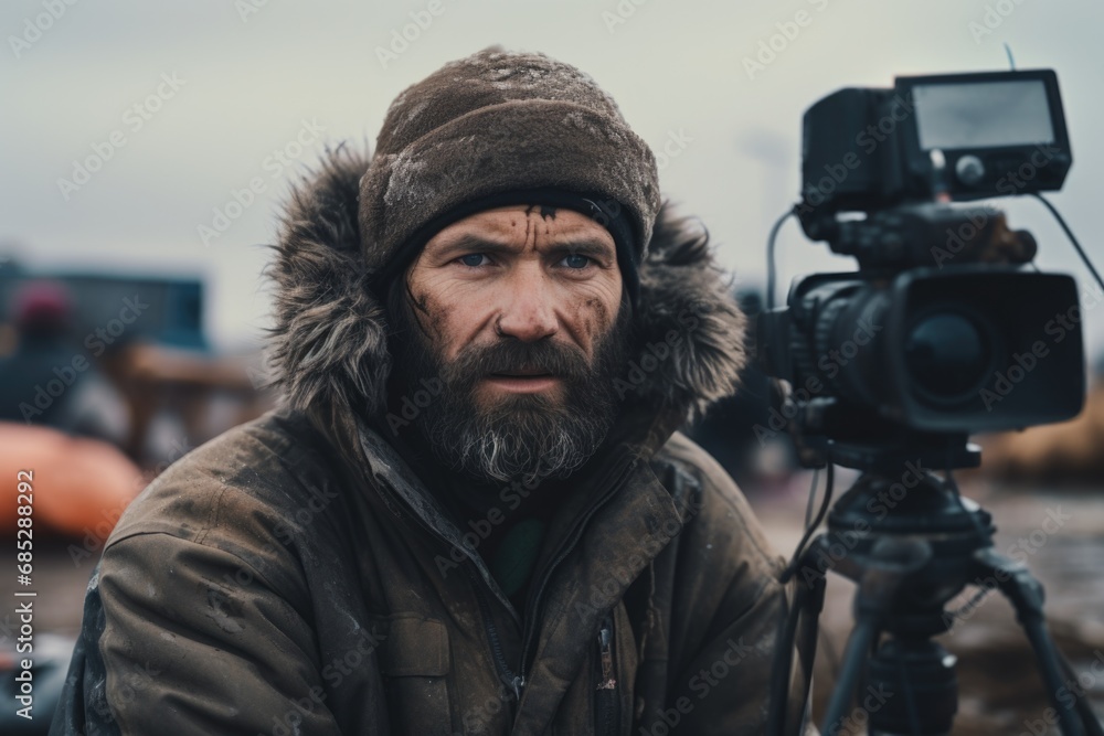 Poster a photograph of a man with a beard wearing a brown jacket. this image can be used in various context