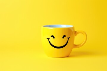 A yellow coffee cup with a smiley face drawn on it. Perfect for adding a touch of happiness to your morning routine or for use in social media posts.