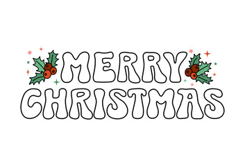 Merry Christmas cartoon retro lettering phrase on decorated background. Vintage vector winter illustration with text decor for card or poster. Positive nice holiday season quote for template or banner