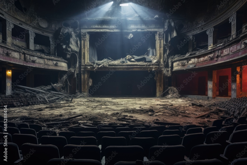 Poster an empty theatre with a stage and rows of chairs. perfect for showcasing the potential of a performa