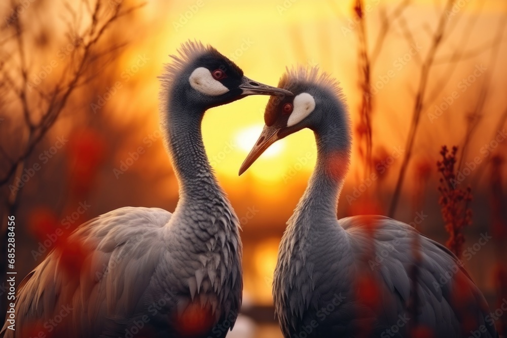 Poster a picture of a couple of birds standing next to each other. this image can be used to represent comp