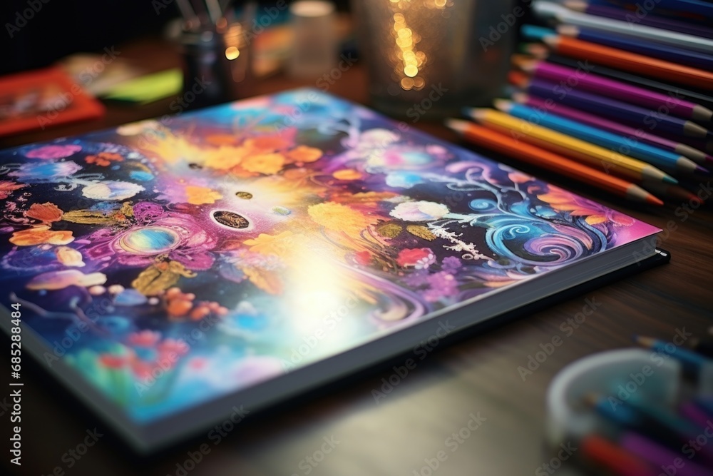 Poster a picture of a painting placed on a table with a collection of colorful pencils. suitable for art an