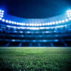 Grass image of an American football field with the stands blurred in the background at nigh, superbowl concept.