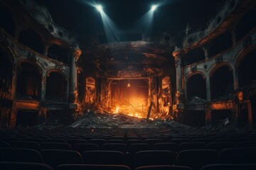 A theatre stage with a prominent fire burning in the center. 