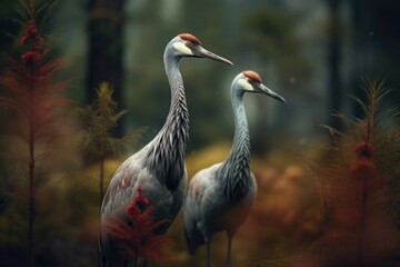 Two large birds standing side by side in a peaceful forest.