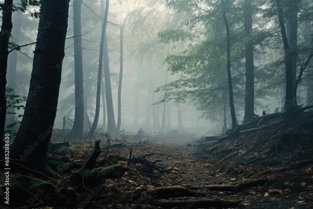 Poster a mysterious trail winding through a foggy forest. this image can be used to create an eerie atmosph