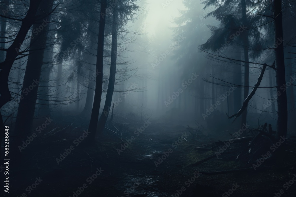 Poster a picture of a dark forest with an abundance of tall trees. this image can be used to create a myste