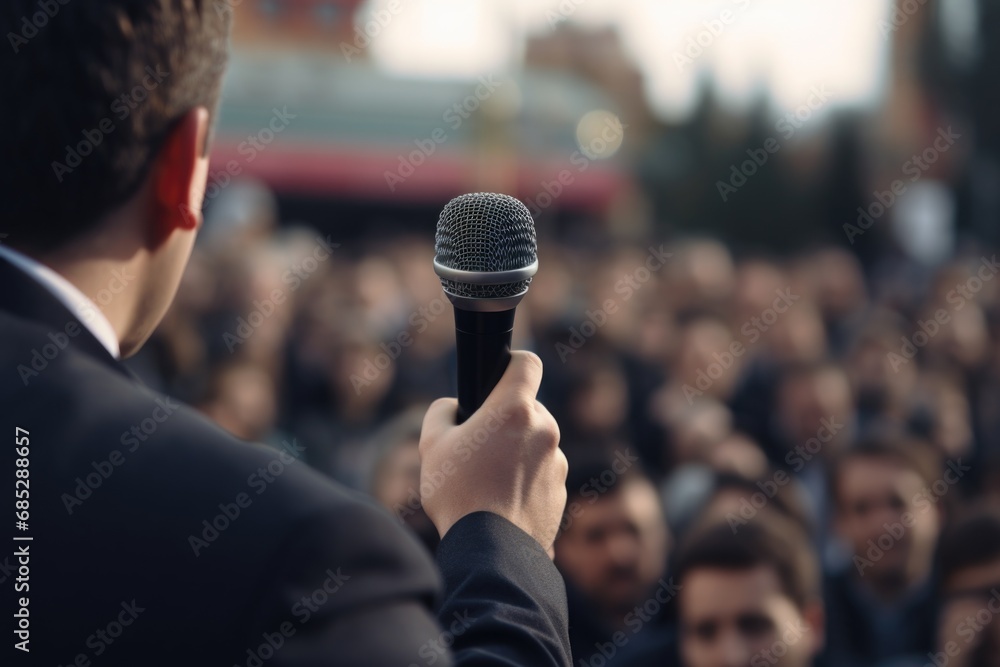 Poster a man confidently holds a microphone in front of a large crowd. this image can be used to represent 