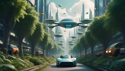 A photo of a magical forest city from the future with flying cars and robotic life ai generation