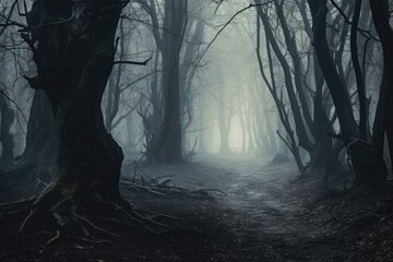A mysterious and atmospheric image of a dark forest with a path in the middle. 