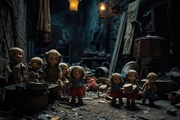 A group of dolls standing together in a room. This image can be used to depict a collection, childhood memories, or interior design ideas. - obrazy, fototapety, plakaty