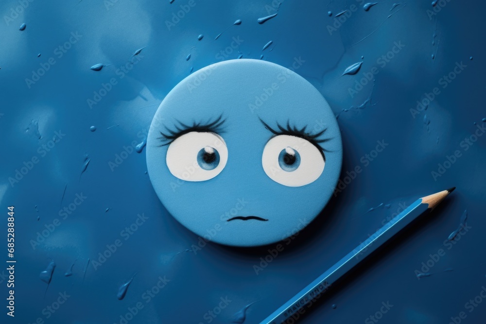 Poster a blue button featuring a sad face and a pencil. this image can be used to illustrate feelings of sa