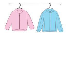 Baby girl and baby boy clothes on a hanger. Pink dress and blue romper.
