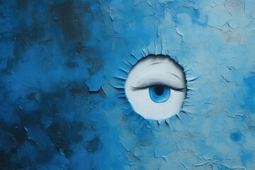 A painting depicting a blue eye with a hole in it. This unique artwork can be used to convey concepts of vulnerability, mystery, or the idea of seeing beyond the surface.